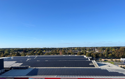 A large solar installation with panels installed on multiple roofs at West Suffolk College, Bury St Edmunds. A large solar installation with panels installed on multiple roofs at West Suffolk College, Bury St Edmunds.