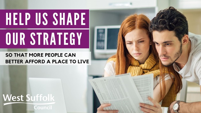 Affordable: The image shows a young couple looking worried as they look at some bills. The text reads help us shape our strategy so more people can better afford a place to live.