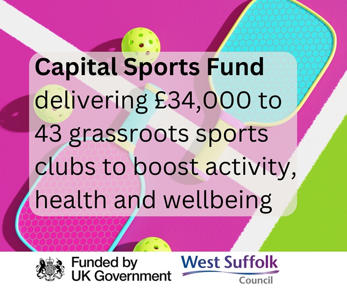 Pickleball bats, balls and a court. Capital Sports Fund delivering £34,000 to 43 grassroots sports clubs to boost activity, health and wellbeing, reads the text. The Funded by UK Government and West Suffolk Council logo feature