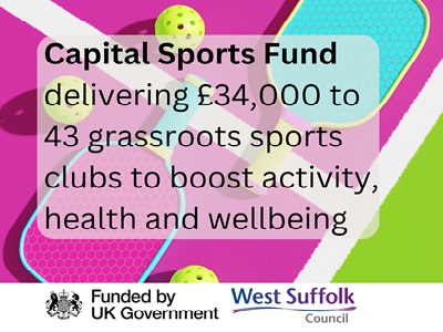 The image is of pickleball bats, balls and a court. The text reads Capital Sports Fund delivering £34,000 to 43 grassroots sports clubs to boost activity, health and wellbeing. The logos of Funded by UK Government and West Suffolk Council feature.