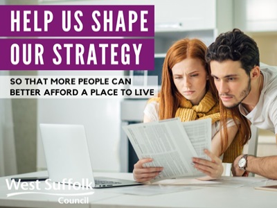 The image shows a young couple looking worried as they look at some bills. The text reads "Help us shape our strategy so that more people can better afford a place to live. The council logo features.