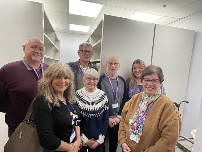 West Suffolk Cllrs Ian Shipp, Cliff Waterman, Cllr Richard O'Driscoll with Museum Curator Claire Wallace, SCC Cllr Nadia Cenci, museum archivisit Jean Deathridge, and West Suffolk Cllr Diane Hind 